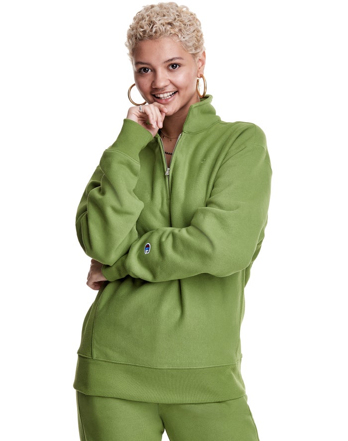 Champion Womens Sweatshirt NZ - Oversized Reverse Weave 1/4 Zip Embroidered C Logo Green ( 4018-VFHJ